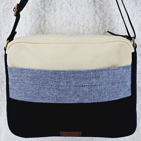 FOSSIL Navy Blue Ivory Striped Linen Crossbody Leather Accents Adjustable Strap - Picture 15 of 16